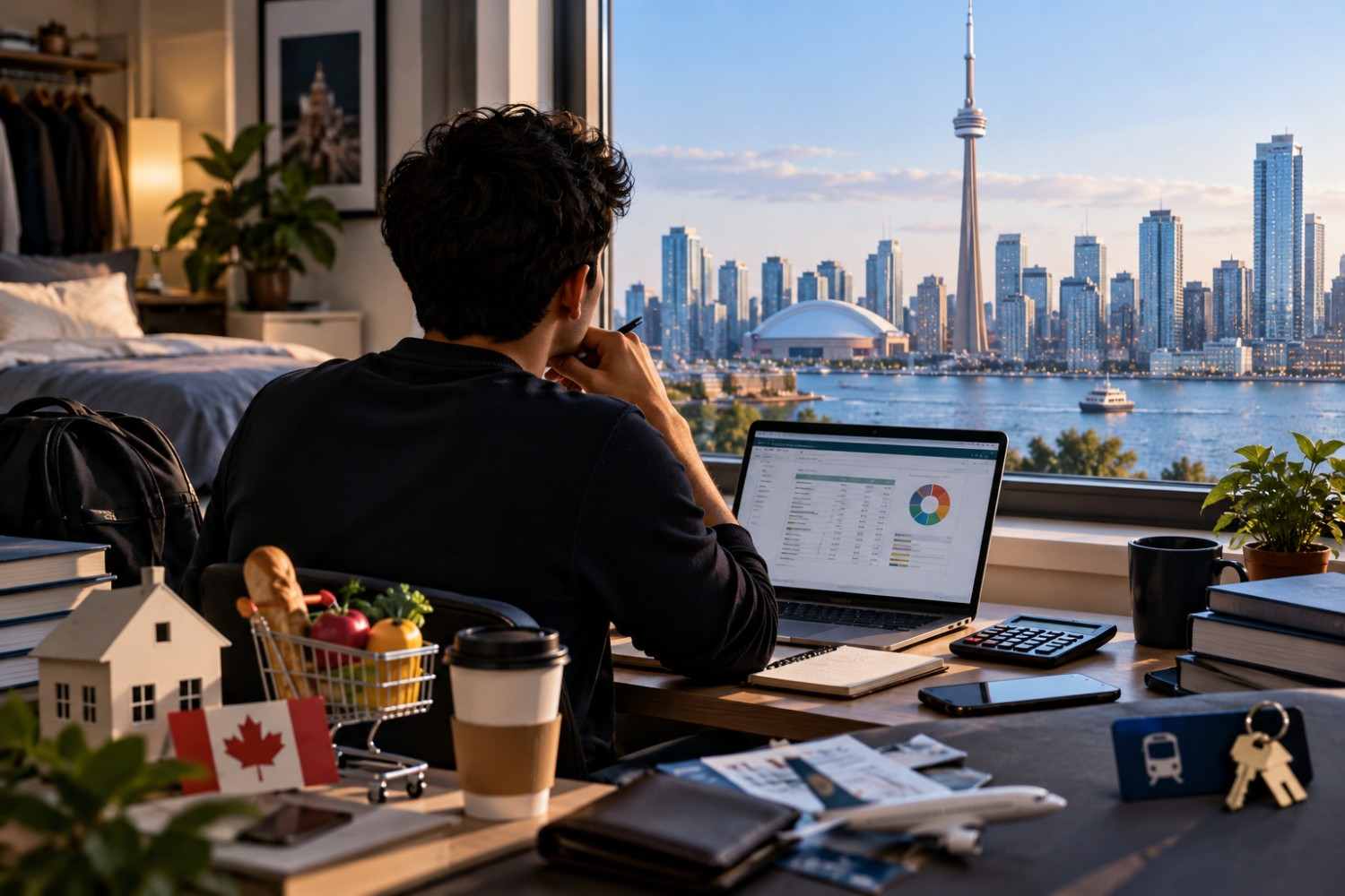 International MBA student in Toronto with graduation cap, calculator, coins, housing, transport and living expense symbols representing Rotman MBA costs.